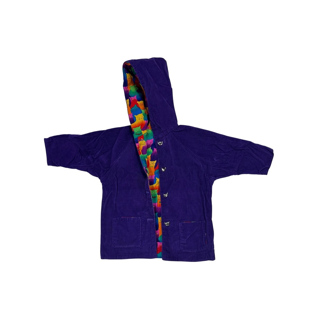Kids Purple Corduroy Reversible Jacket Rainbow Cat Print Hooded size 2-4‎